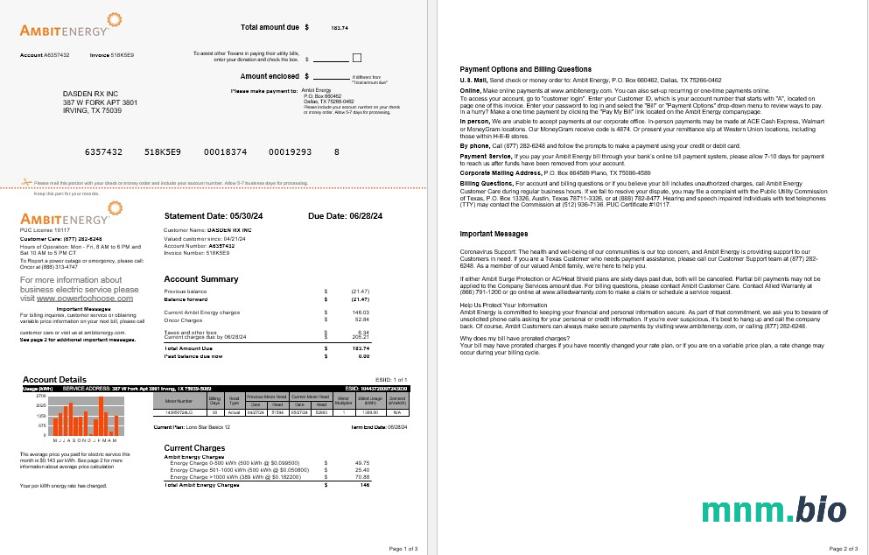 USA Ambit Energy rachunek za usługi komunalne Word i szablon PDF 1-2
